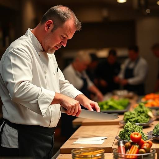 A chef instructor demonstrating knife skills during a cooking class