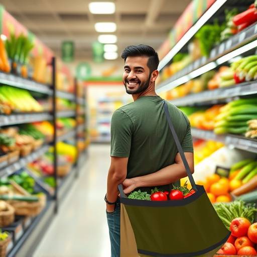 A person pushing a shopping cart filled with fresh fruits and vegetables in a supermarket aisle.