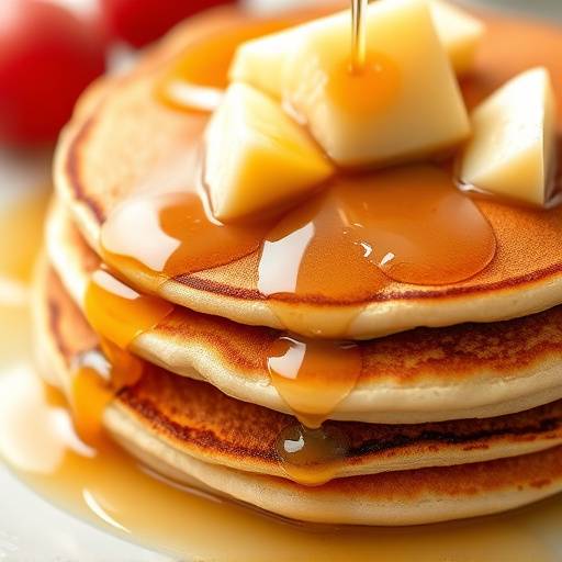 A stack of fluffy whole-wheat pancakes with fresh fruit and syrup
