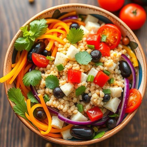 A vibrant bowl of colorful, healthy salad with fresh vegetables and grains