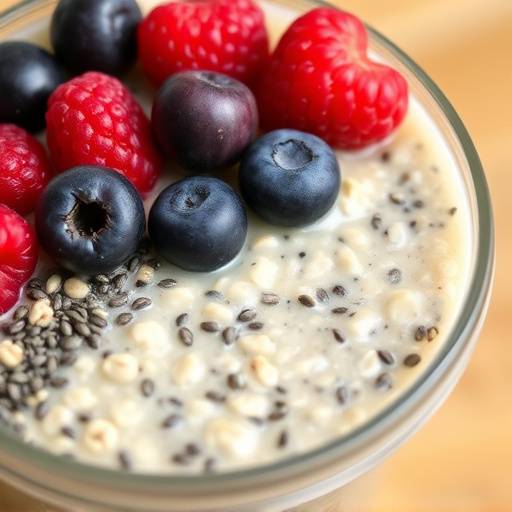 Close up image of a bowl of overnight oats with berries and chia seeds