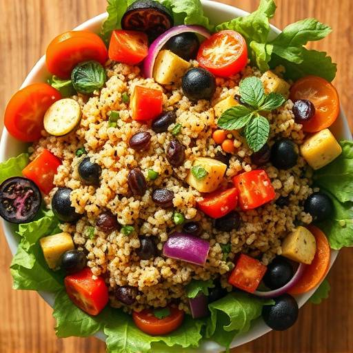Overhead shot of a vibrant quinoa salad with mixed vegetables