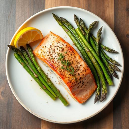 Overhead shot of baked salmon with roasted asparagus and lemon slices