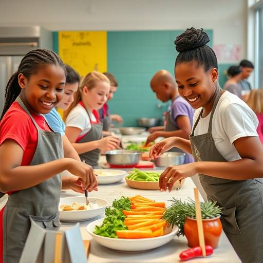 Students happily preparing a healthy meal during a Nourish Academy cooking class